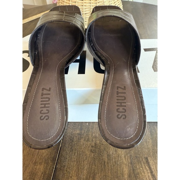 Schutz Dethalia Wide Croco Heeled Mules Dark Brown Size 9B New w/ Box - Picture 4 of 8